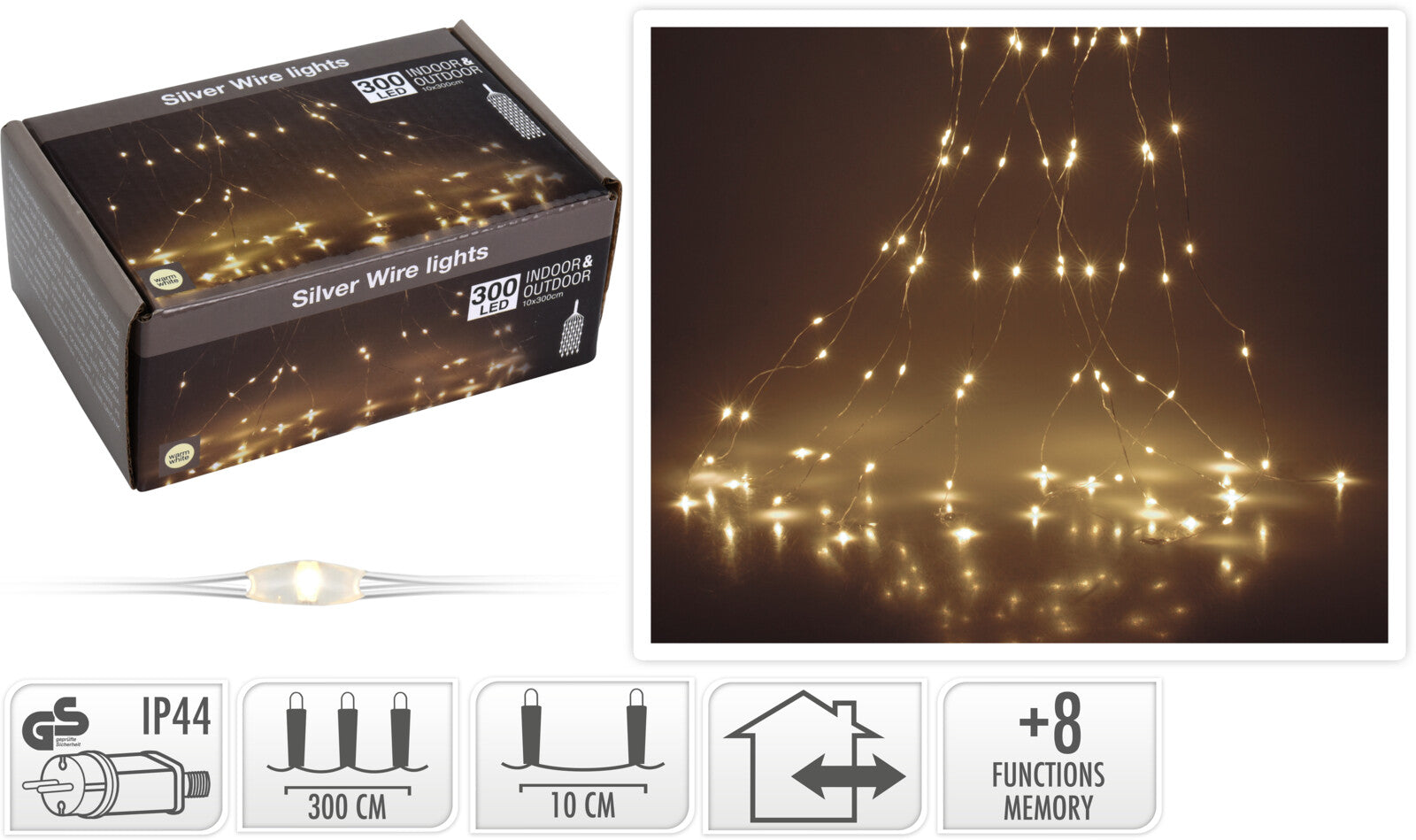 300 MICROLED BIANCO CALDO CASCATA CON 8 GIOCHI DI LUCE