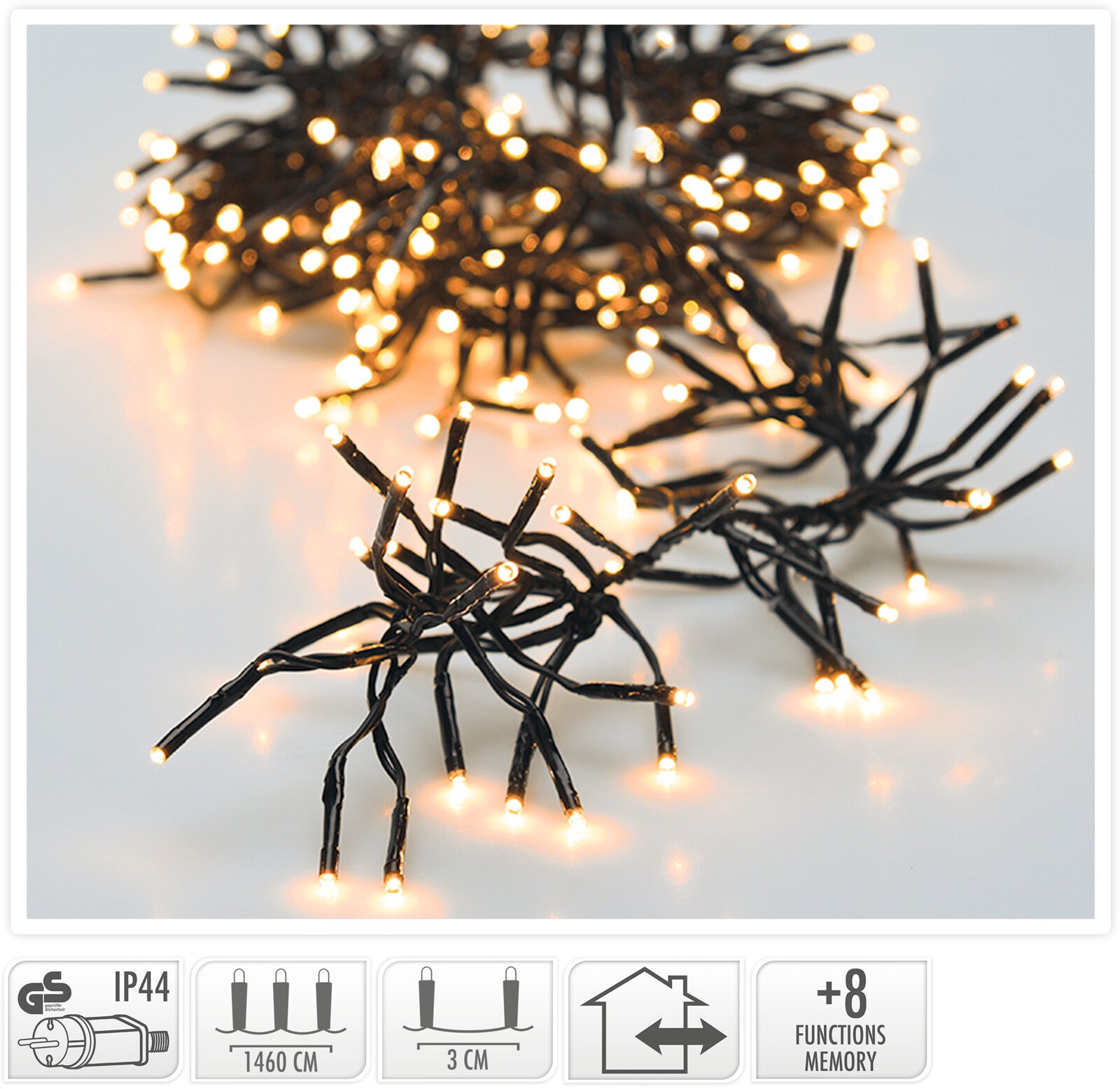 LUCI DI NATALE GHIRLANDA 2016 LED BIANCO CALDO 8 GIOCHI DI LUCE