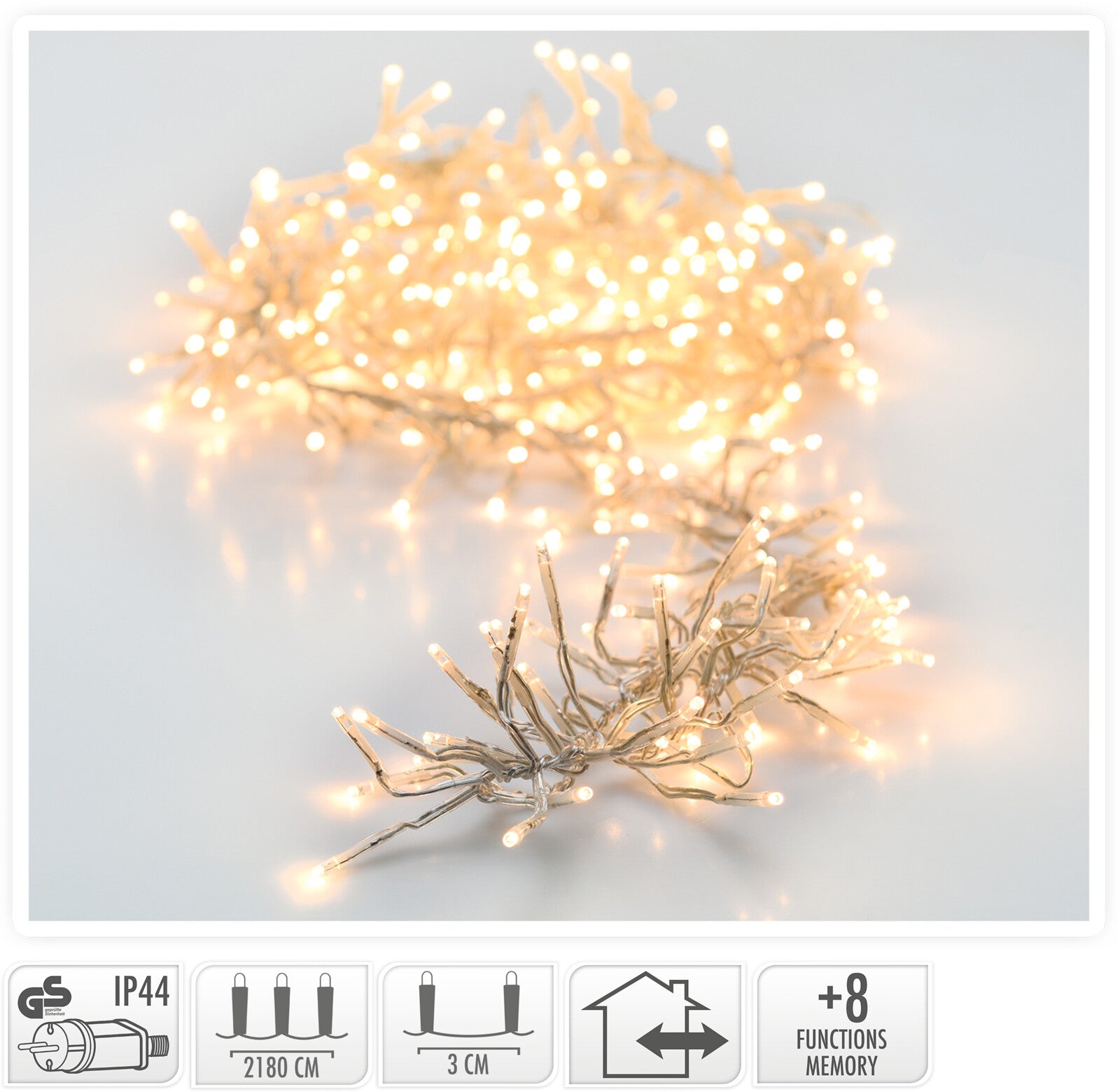 LUCI DI NATALE GHIRLANDA 3000 LED BIANCO CALDO 8 GIOCHI DI LUCE