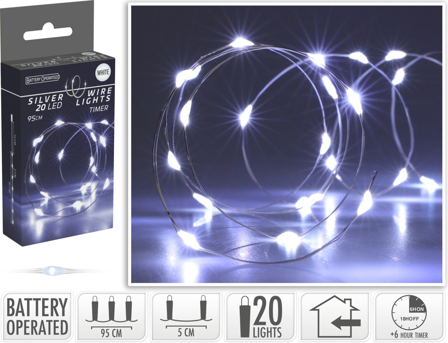 LUCI DI NATALE LED, 95CM, 20 LED, BIANCO FREDDO