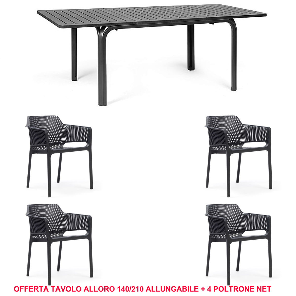 OFFERTA TAVOLO ALLORO ALLUNGABILE 140/210 + 4 POLTRONE NET COLORE A SCELTA