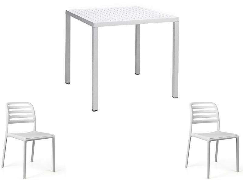 OFFRE : TABLE CUBE 80X80 + 2 CHAISES DE BISTROT COSTA, COULEUR AU CHOIX
