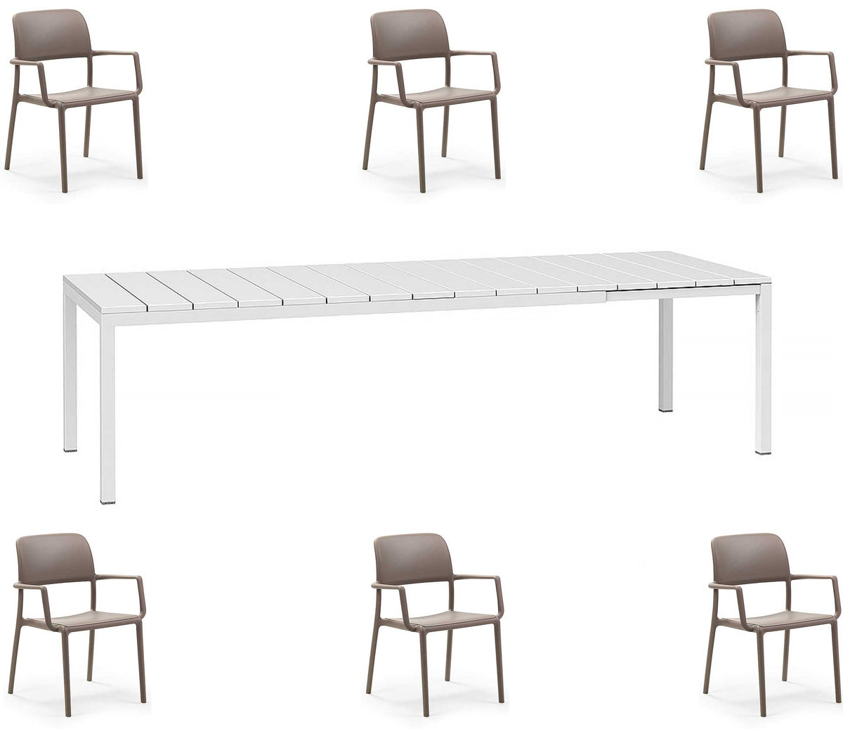 OFFERTA TAVOLO RIO ALLUNGABILE 210/280CM +6 POLTRONE RIVA COLORE A SCELTA