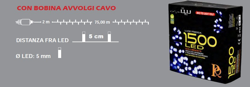LUCI DI NATALE CATENA CON 1500 LED BIANCO GHIACCIO 75 MT