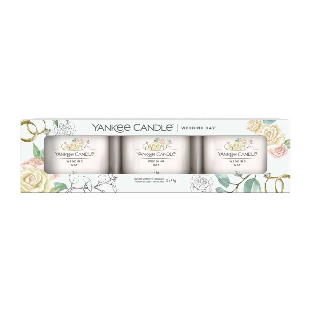 CONFEZIONE REGALO CON 3 CANDELE VOTIVE IN VETRO WEDDING DAY