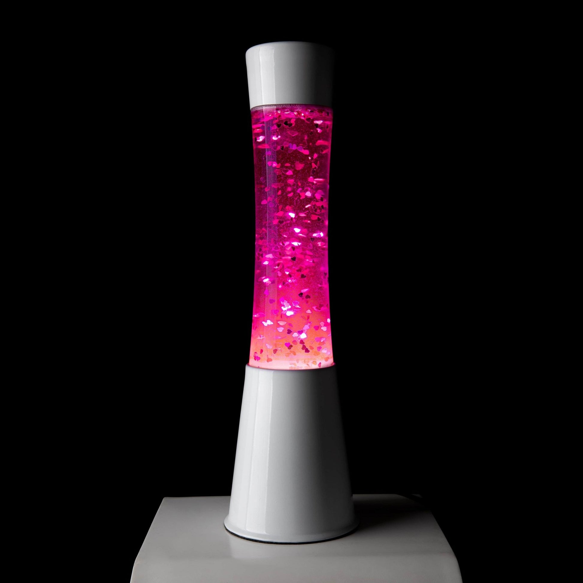 Fisura Lampada di Lava Glitter Cuori, 39,5 cm, Base Bianca / Liquido Rosa