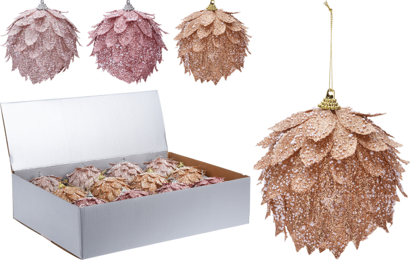 OFFERTA 6 PALLINE DECORAZIONE FOGLIE ROSA GLITTER 10CM ASSORTITA