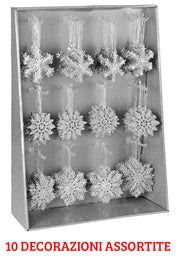 10 FIOCCHI DI NEVE APPENDIBILI 10CM CON GLITTER ARGENTO ASSORTITI