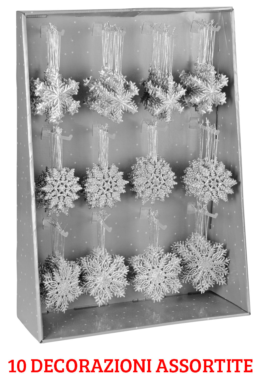 10 FIOCCHI DI NEVE APPENDIBILI 10CM CON GLITTER ARGENTO ASSORTITI
