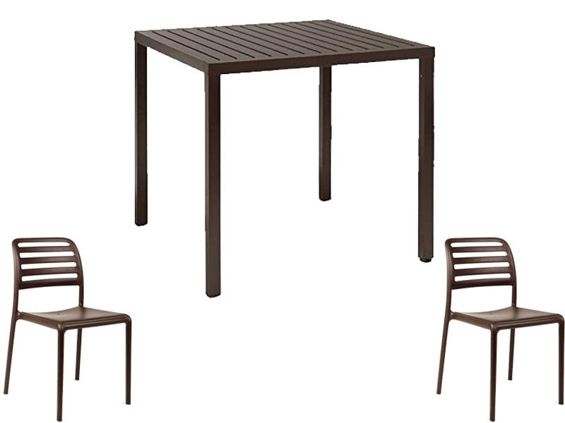 OFFRE : TABLE CUBE 80X80 + 2 CHAISES DE BISTROT COSTA, COULEUR AU CHOIX