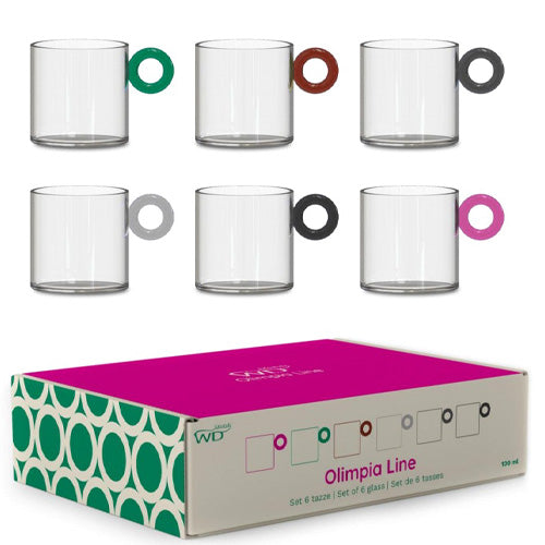 SET 6 TAZZE DA CAFFE' IN VETRO BOROSILICATO MANICO COLORATO AD ANELLO 100ML LINEA OLIMPIA