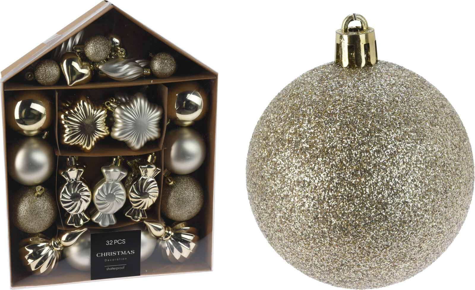 SET 32 ADDOBBI PER ALBERO DI NATALE, COLORE CHAMPAGNE