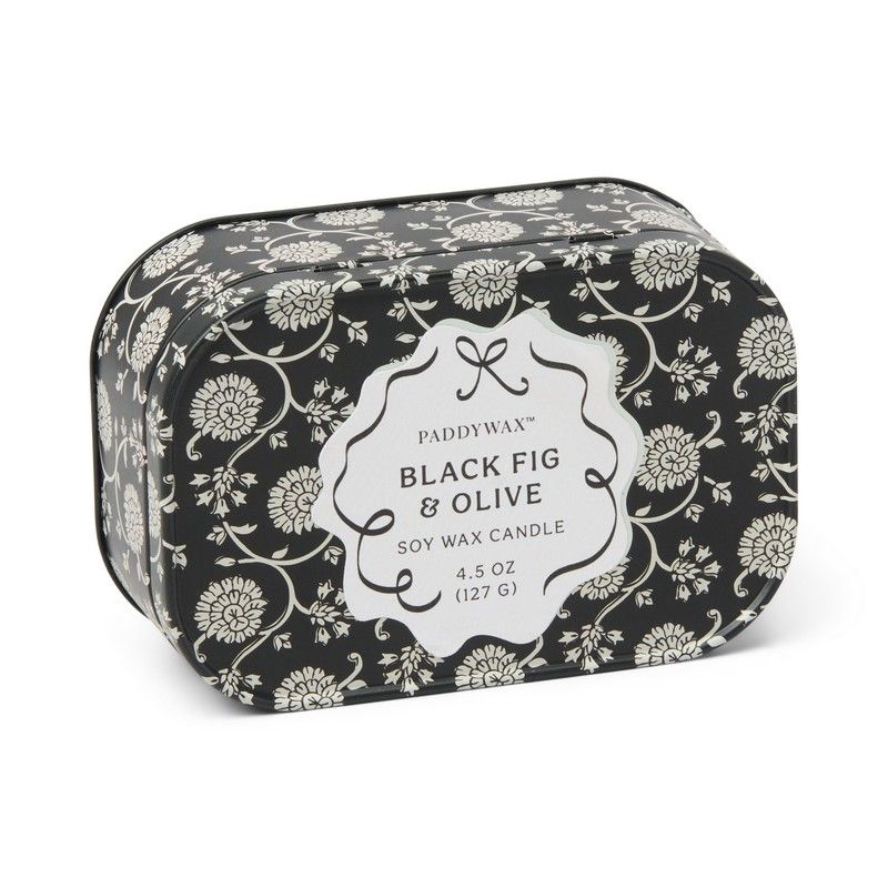 CHERIE CANDELA IN LATTA STAMPATA 127g NERO GRIGIO FICO NERO E OLIVA PADDYWAX