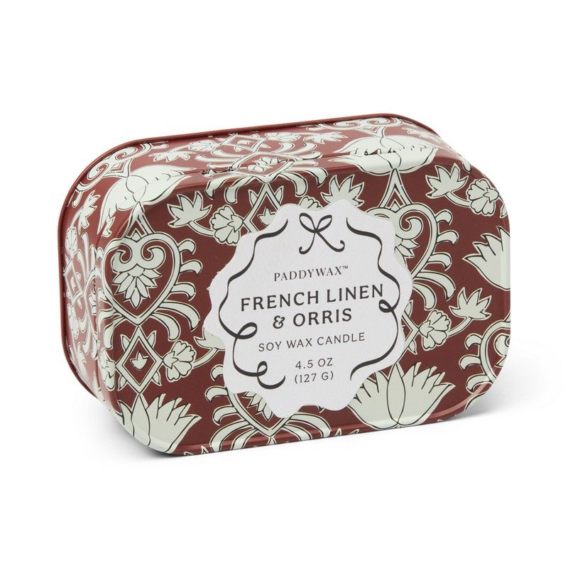 Candela in Latta Stampata French Linen Orris 127g Rosso Cremisi Crema PADDYWAX
