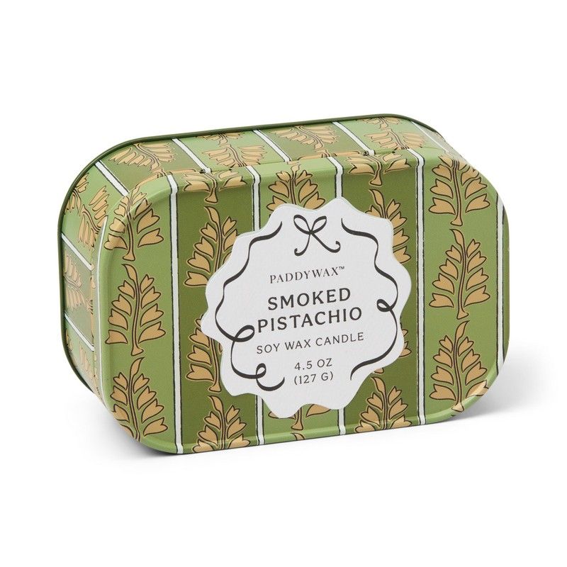 Candela in Latta Stampata Pistacchio Affumicato 127g Verde e Kaki Paddywax