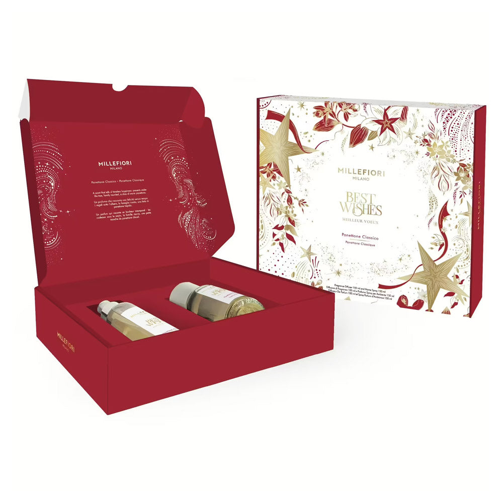 CONFEZIONE REGALO NATALE DIFFUSORE A BASTONCINI 100ML + SPRAY PROFUMAZIONE PANETTONE