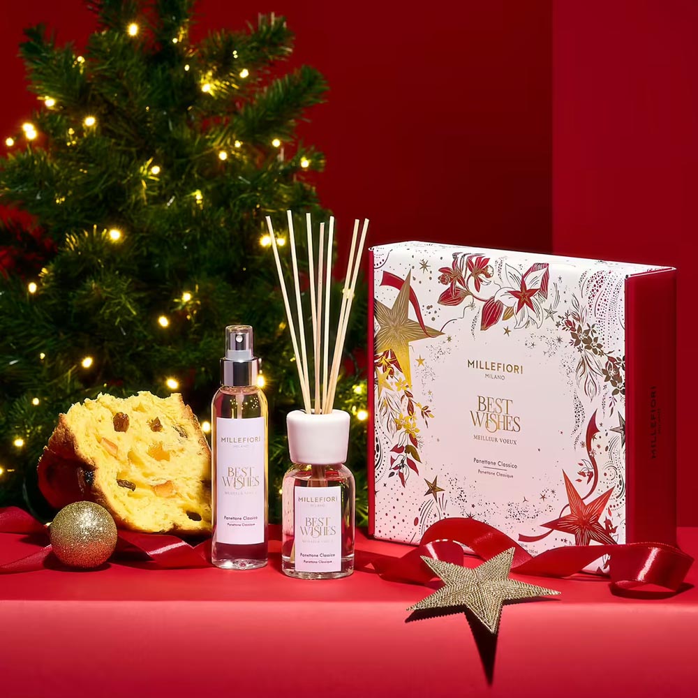 CONFEZIONE REGALO NATALE DIFFUSORE A BASTONCINI 100ML + SPRAY PROFUMAZIONE PANETTONE