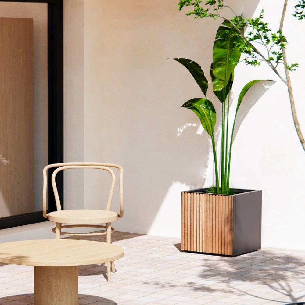FIORIERA CUBO "DECO PLANTER" IN METALLO 50X50X50CM NERO E LEGNO
