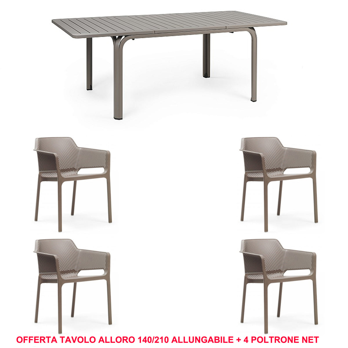 OFFERTA TAVOLO ALLORO ALLUNGABILE 140/210 + 4 POLTRONE NET COLORE A SCELTA