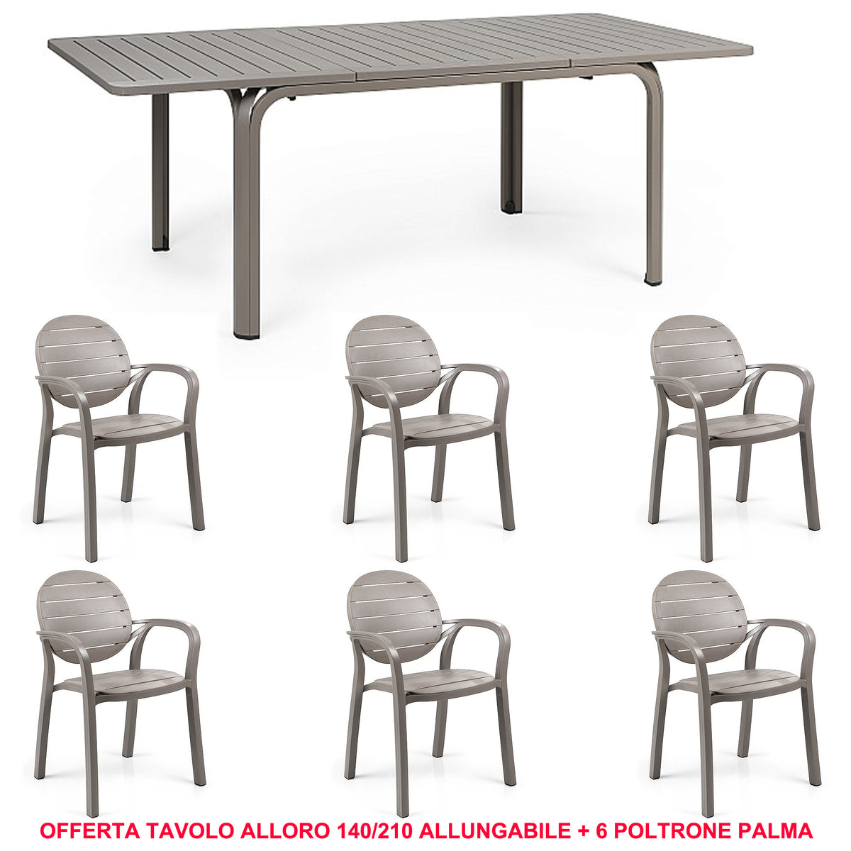 OFFERTA TAVOLO ALLORO ESTENSIBILE 140/210CM + 6 POLTRONE PALMA COLORE A SCELTA