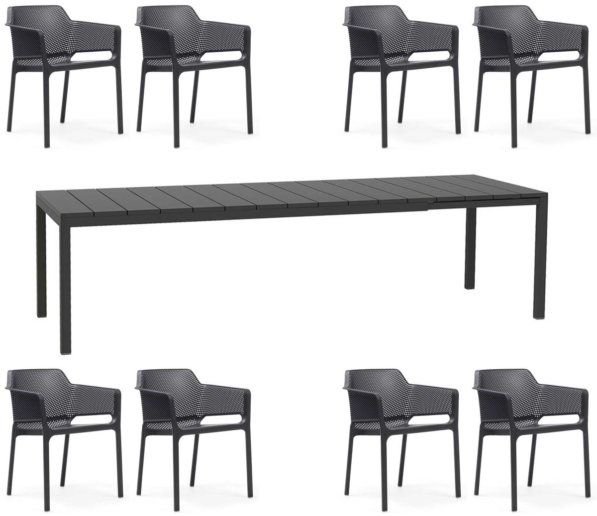 OFFRE : TABLE EXTENSIBLE RIO 210/280 + 8 FAUTEUILS EN FILET DANS LA COULEUR DE VOTRE CHOIX