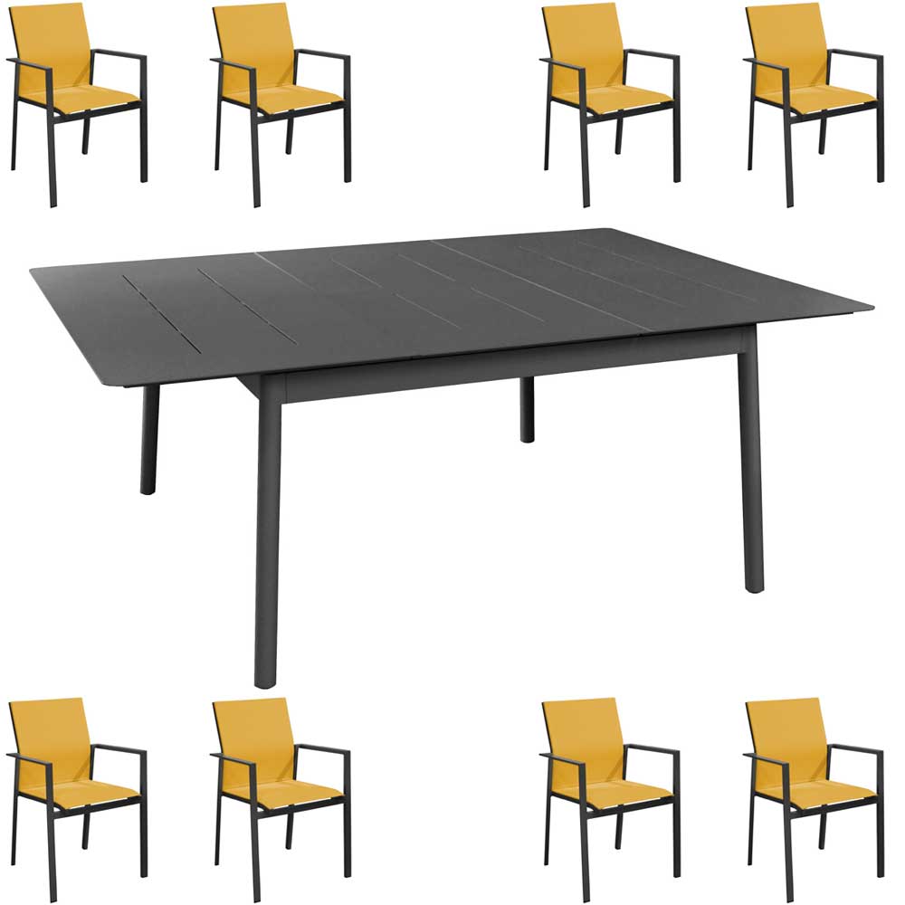 OFFERTA TAVOLO DUBLINO ALLUNGABILE 140/200X140 GRAFITE +8 POLTRONE DELIA GRAFITE/MOSTARDA