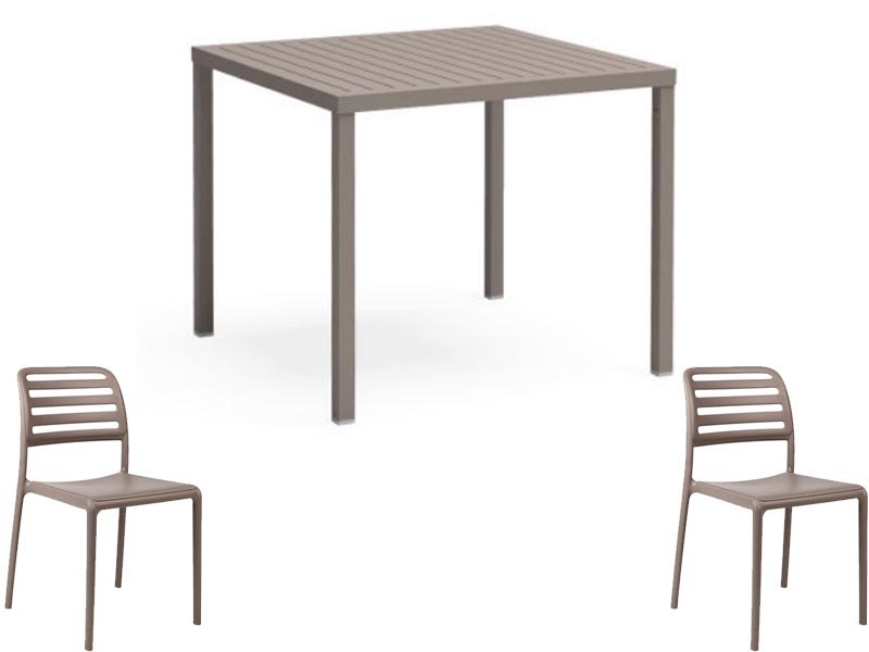 OFFRE : TABLE CUBE 80X80 + 2 CHAISES DE BISTROT COSTA, COULEUR AU CHOIX