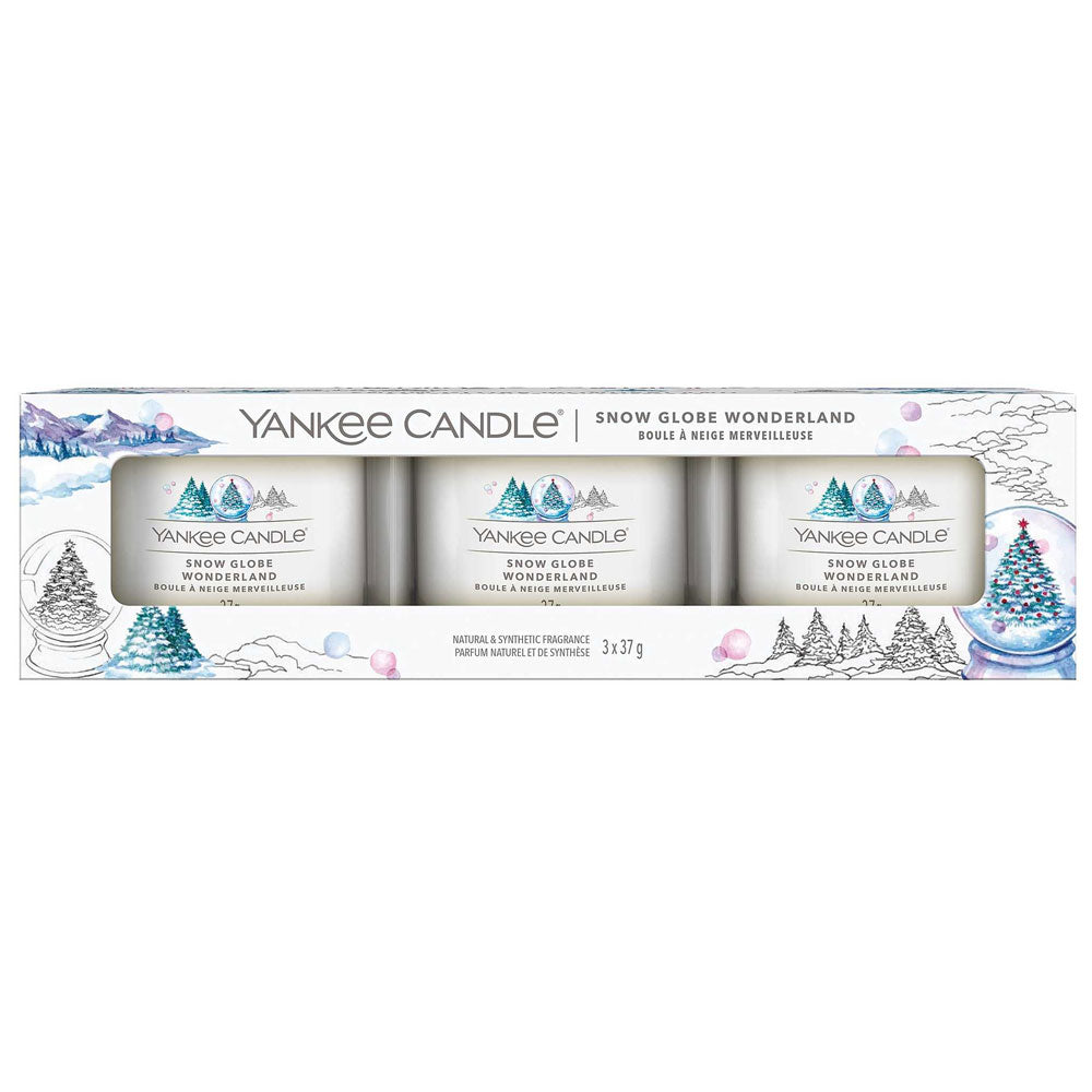 3 CANDELE PROFUMATE VOTIVE IN VETRO SNOW GLOBE WONDERLAND
