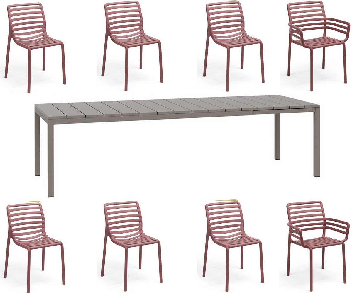 OFFERTA TAVOLO RIO ESTENDIBILE 210/280CM TORTORA +6 SEDIE +2 POLTRONE DOGA MARSALA