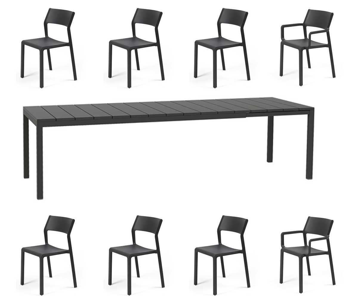 OFFERTA TAVOLO RIO ESTENDIBILE 210/280CM ANTRACITE +6 SEDIE +2 POLTRONE TRILL