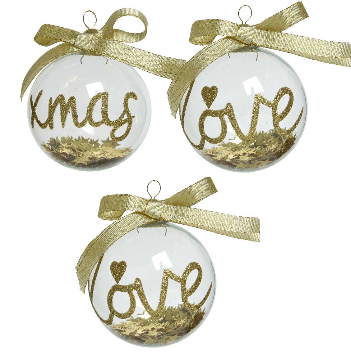 OFFERTA 3 PALLINE DI VETRO TRASPARENTE CON SCRITTE XMAS/LOVE 8CM MODELLO ASSORTITO