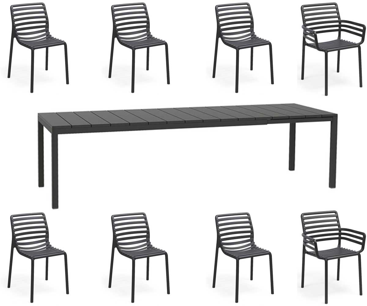 OFFERTA TAVOLO RIO ESTENDIBILE 210/280CM ANTRACITE +6 SEDIE +2 POLTRONE DOGA ANTRACITE