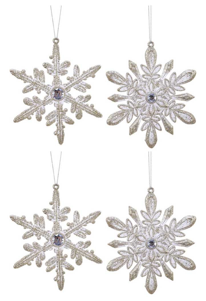 OFFERTA 4 FIOCCHI DI NEVE APPENDIBILI 0,5X9X13CM CHAMPAGNE ASSORTITI