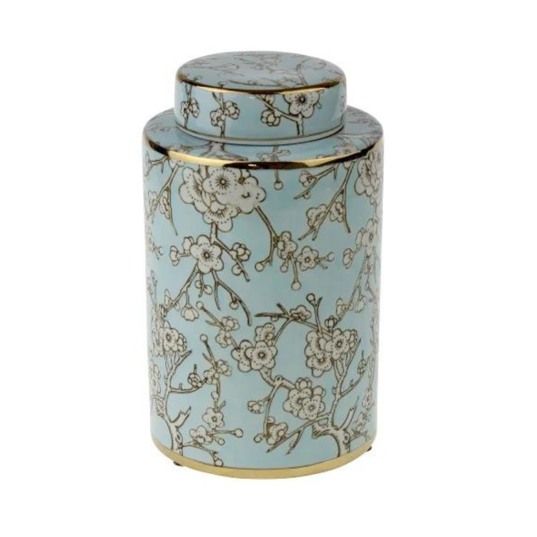 VASO CON COPERCHIO SAKURA FIORI DI CILIEGIO BLU ORO BIANCO