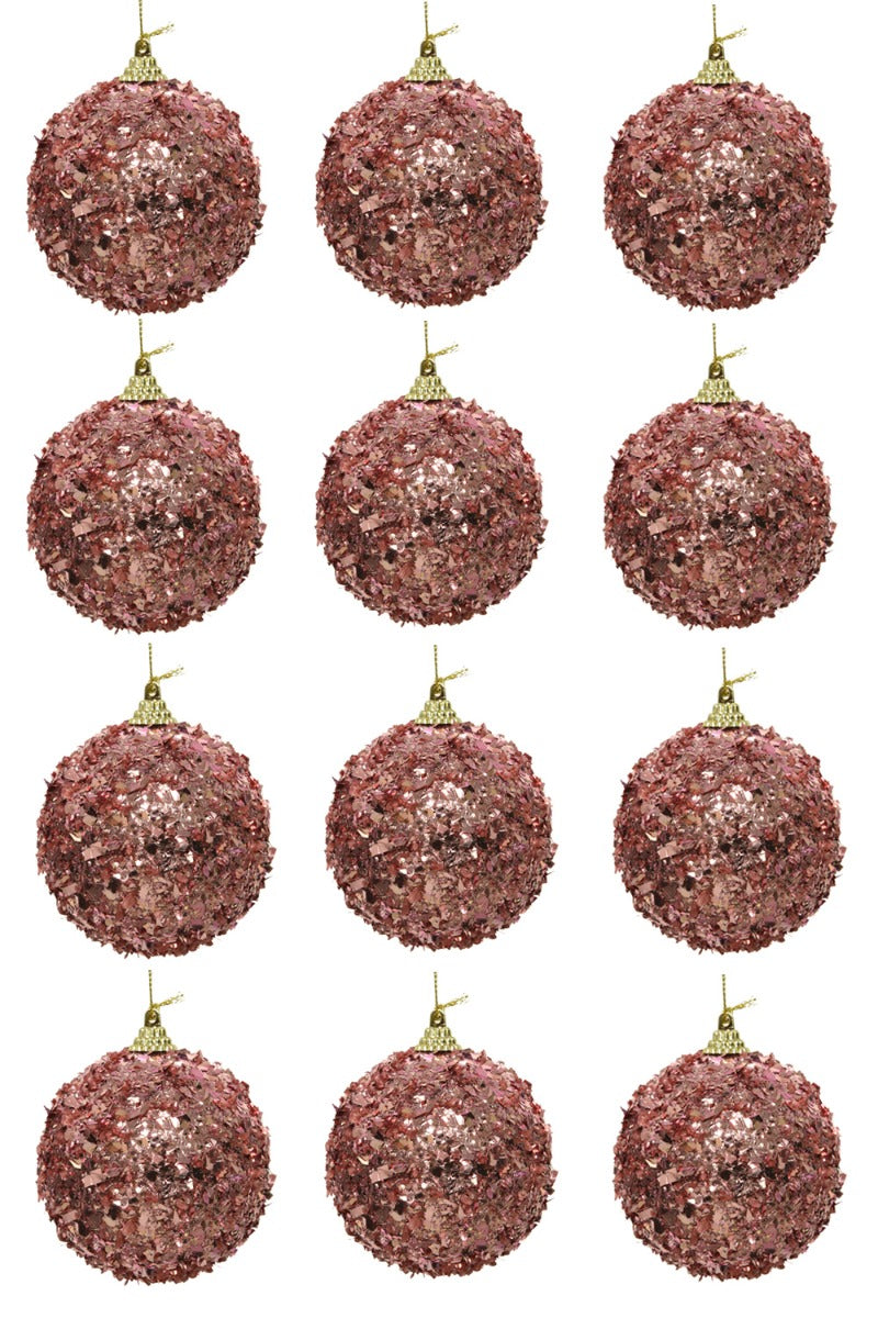 OFFERTA 12 PALLINE DI NATALE CON GLITTER E PAILLETS 8CM ROSA CIPRIA