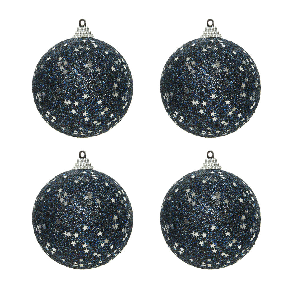 OFFERTA 4 PALLINE DI NATALE CON STELLE ARGENTATE 8CM COLORE BLU