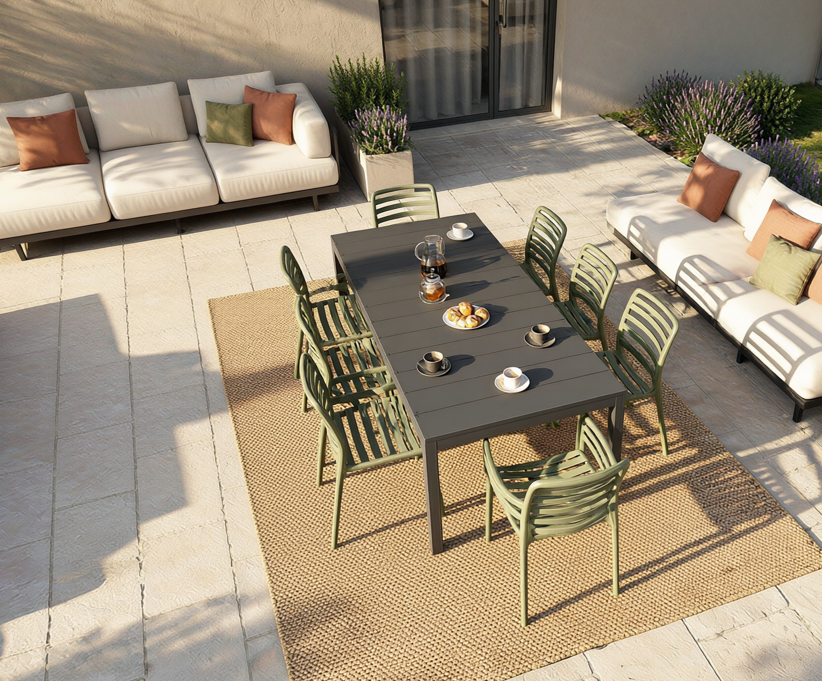 ANGEBOT: Ausziehbarer Tisch Rio 210/280 cm, Anthrazit + 6 Stühle + 2 Sessel in Agave Doga