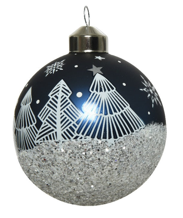 PALLINA DI NATALE  IN VETRO BLU CON DECORAZIONE FIOCCHI DI NEVE E ALBERO 8CM