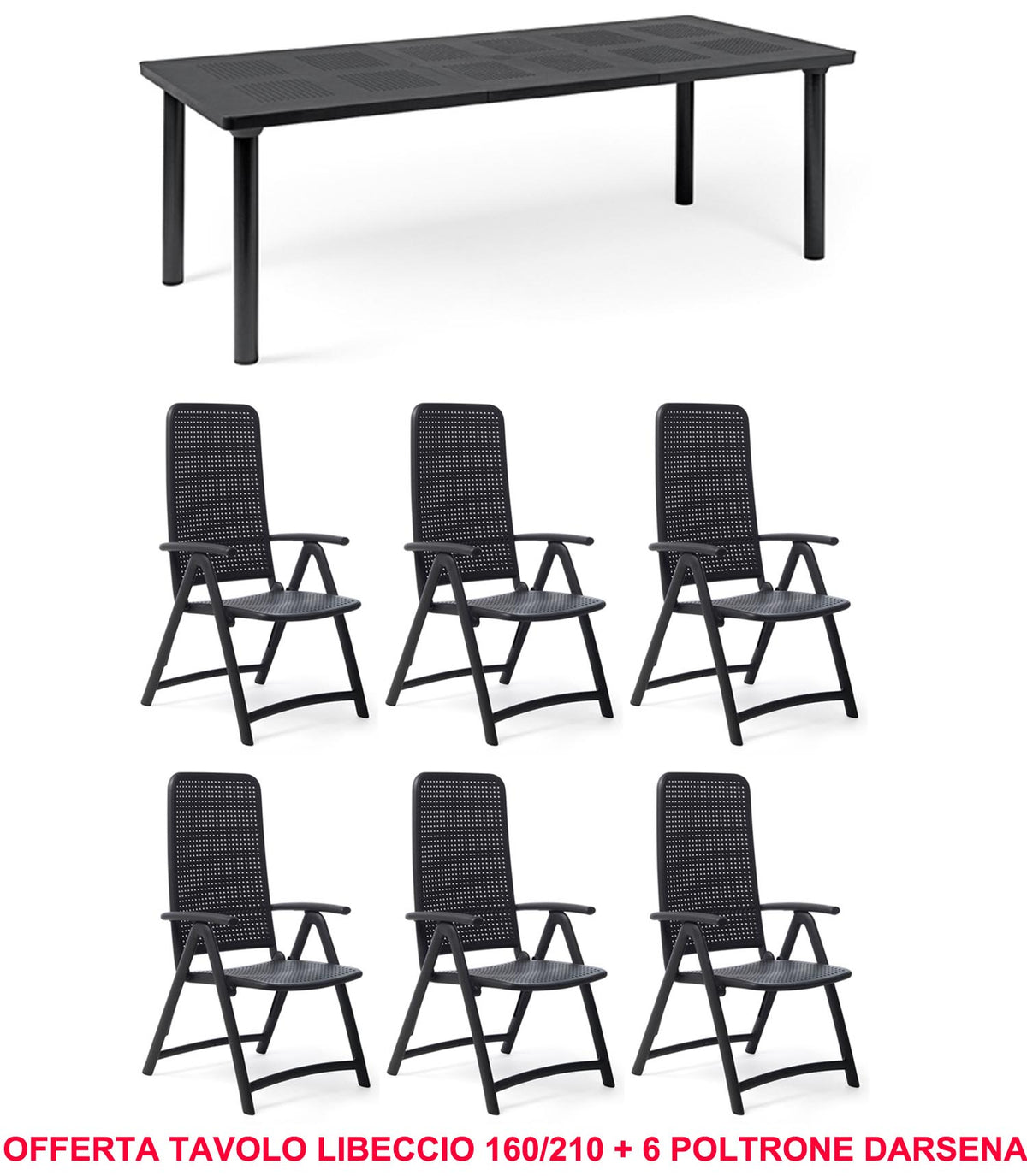 OFFRE : TABLE EXTENSIBLE LIBECCIO 160/220CM + 6 FAUTEUILS DARSENA DANS LES COULEURS DE VOTRE CHOIX