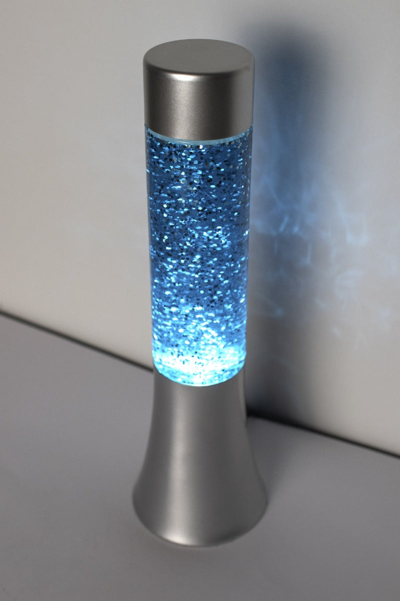 LAMPADA LAVA LAMP BLU GLITTER E BASE ARGENTO H30CM