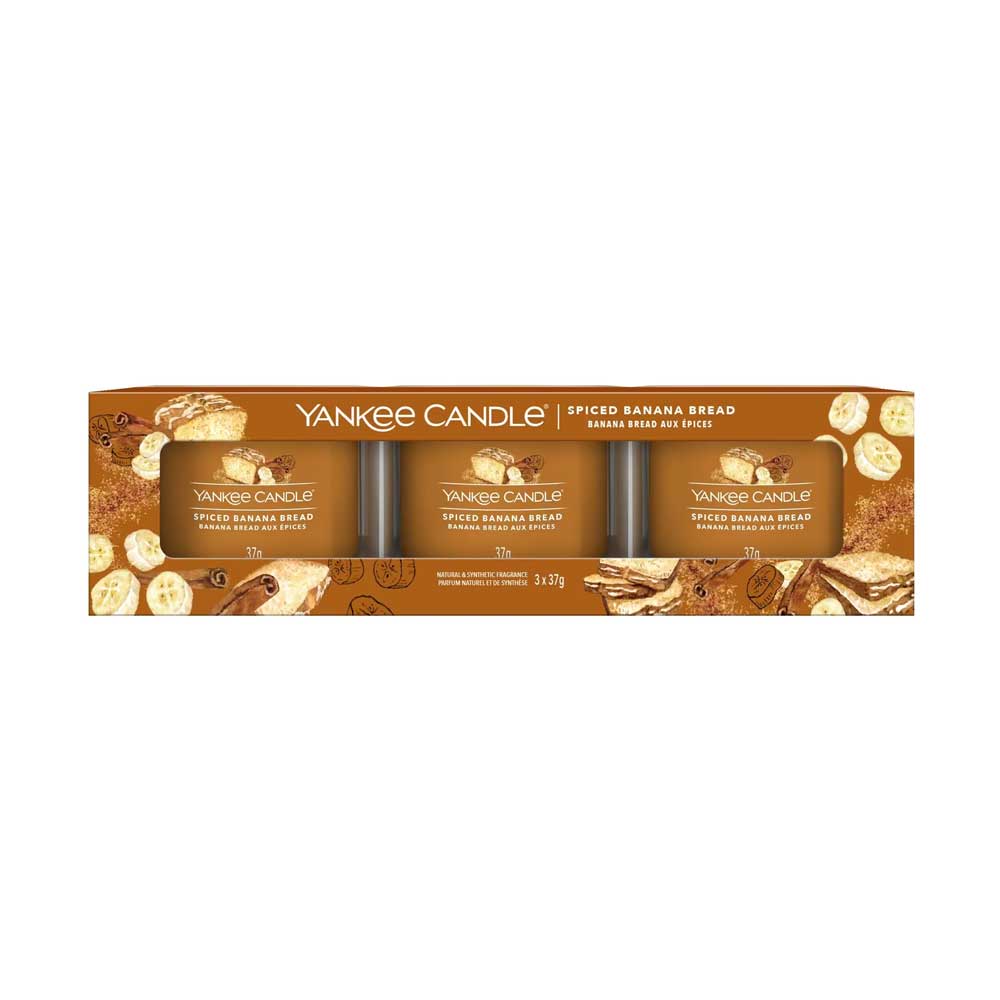 CONFEZIONE REGALO CON 3 CANDELE VOTIVE IN VETRO SPICED BANANA BREAD