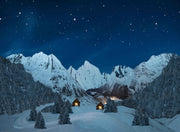 SFONDO POSTER PAESAGGIO DI MONTAGNA ILLUMINATO DI NOTTE CON FIBRE OTTICHE 76X56CM