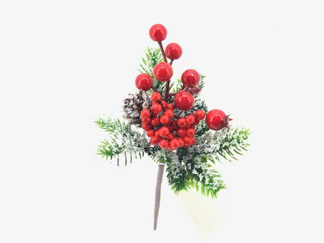 PICK RAMETTO CON BACCHE ROSSE E PIGNA INNEVATO 22CM