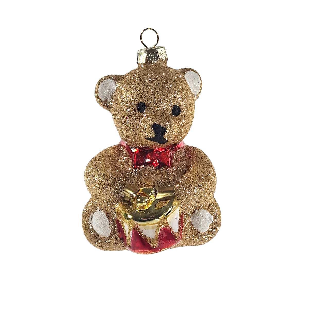 PALLINA DI NATALE IN VETRO, ORSO CON TAMBURO, CM6X6X8,7CM, BEIGE
