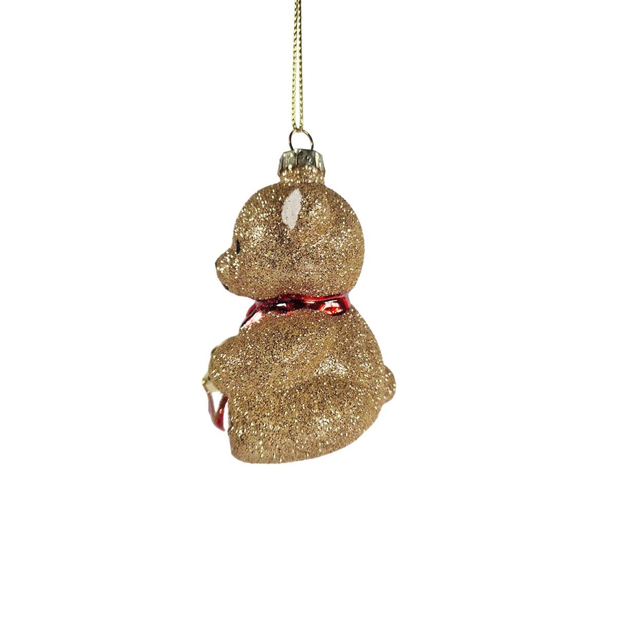 PALLINA DI NATALE IN VETRO, ORSO CON TAMBURO, CM6X6X8,7CM, BEIGE