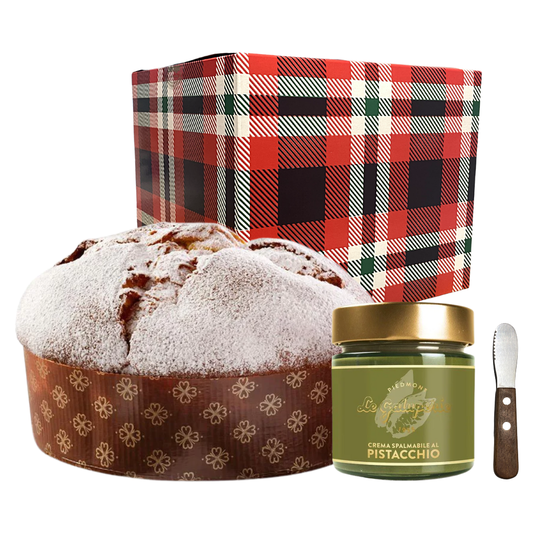 SCATOLA REGALO CON PANETTONE GALUP PARADISO 750GR + CREMA SPALMABILE PISTACCHIO + SPALMINO