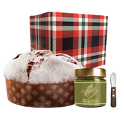 SCATOLA REGALO CON PANETTONE GALUP PARADISO 750GR + CREMA SPALMABILE PISTACCHIO + SPALMINO