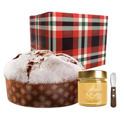 SCATOLA REGALO CON PANETTONE GALUP PARADISO 750GR + CREMA SPALMABILE ZABAJONE + SPALMINO