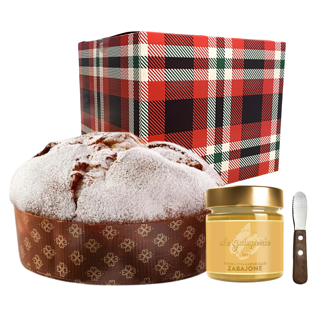 SCATOLA REGALO CON PANETTONE GALUP PARADISO 750GR + CREMA SPALMABILE ZABAJONE + SPALMINO