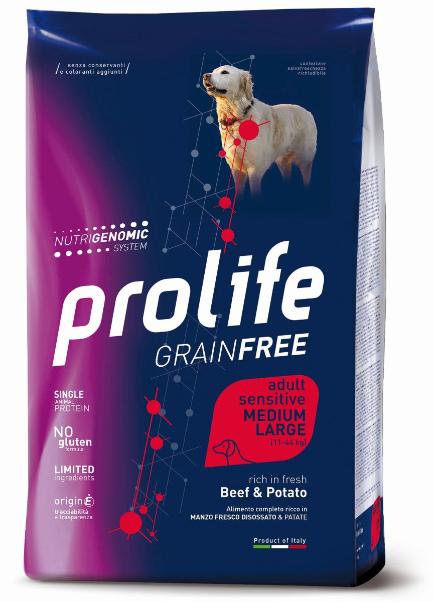 CROCCHETTE PROLIFE GRAIN FREE ADULT SENSITIVE MANZO & PATATE - MEDIUM/LARGE 10KG